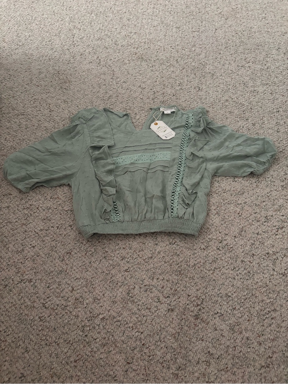 Love Riche Sage Green Ruffled Lace-Trim Blouse